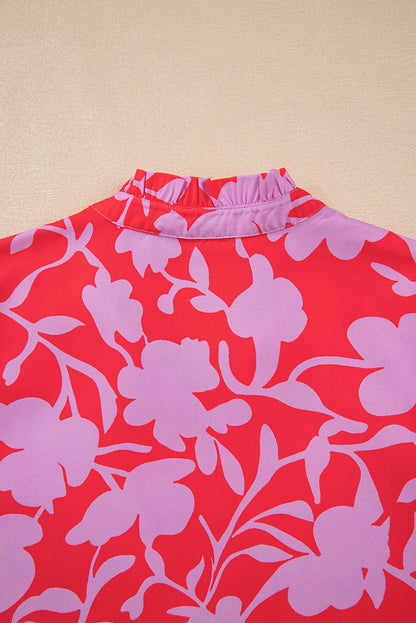 Red Floral Three Quarter Sleeves Ruffle Hem Mini Dress