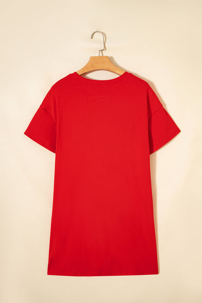 Fiery Red Sequin Trim Stars and Stripes Bow Patched T Shirt Mini Dress