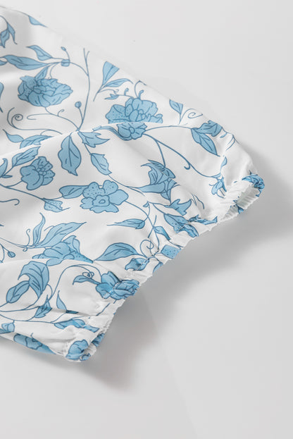 Sky Blue Floral Contrast Bow Puff Sleeve Mini Dress