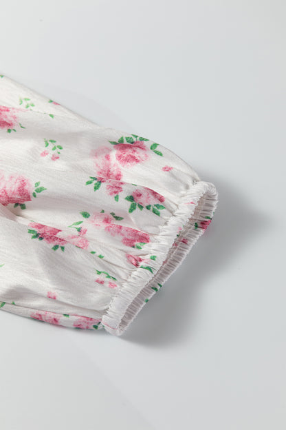 Pink Floral Print Long Sleeve Ruffle Detail Flared Mini Dress