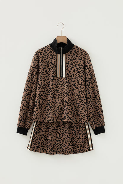 Khaki Leopard Print Quarter Zip Long Sleeve Top Mini Skirt Set