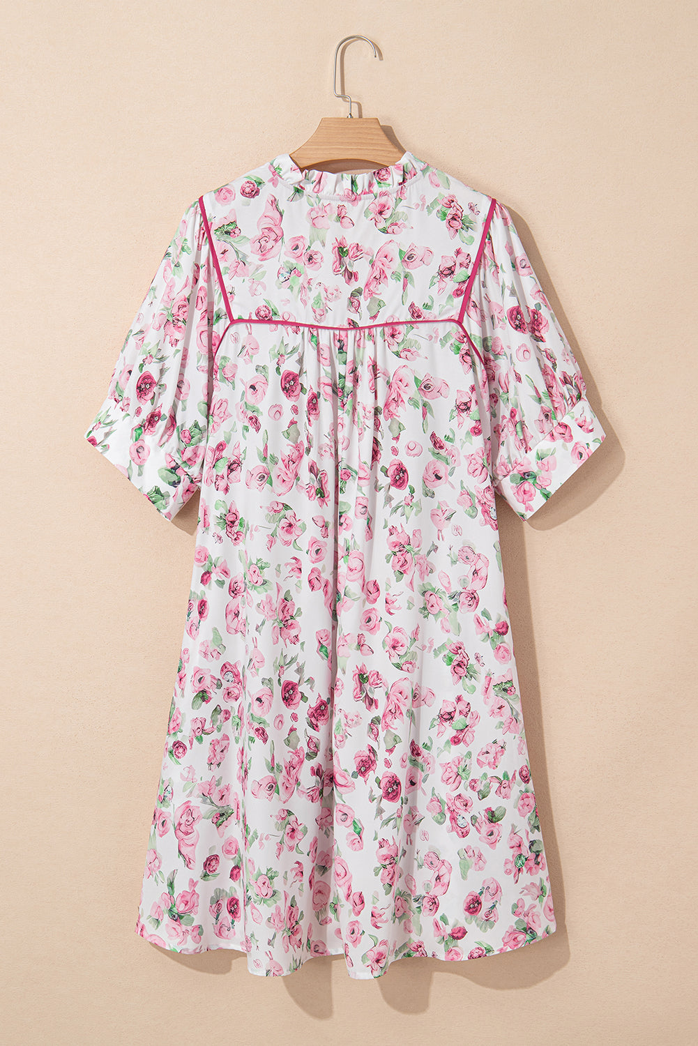 Pink Floral Split Neck Short Sleeve Loose Plus Size Mini Dress