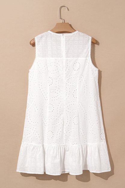 White Floral Eyelet Embroidered Sleeveless Shift Dress