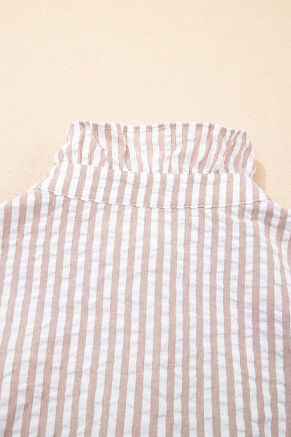 Khaki Stripe Frilled Collar Half Sleeve Shirt Maxi Dress