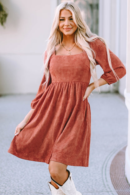 Brown Suede Square Neck Puff Sleeve