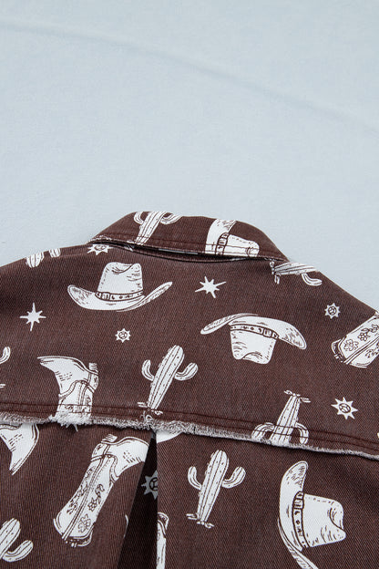 Brown Cowgirl Hats Boots Cactus Print Raw Edge Button Down Short Denim Dress
