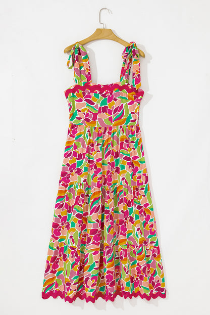 Multicolour Floral Tied Straps Ricrac Trim Maxi Dress
