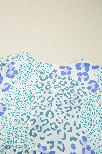 Sky Blue Leopard Contrast Bow Puff Sleeve Mini Dress