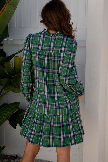 Red Plaid Print Frilly Collar Long Sleeve Shift Mini Dress