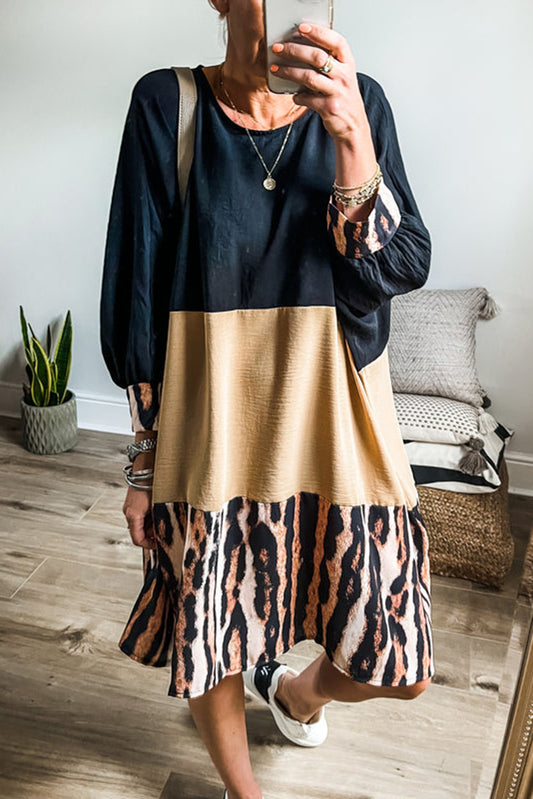Khaki Printed Tiger Stripe Colorblock Bishop Sleeve
