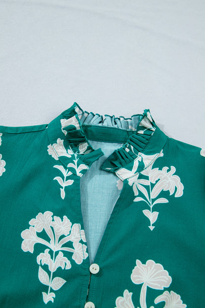 Black Frilled V Neck Puff Short Sleeve Floral Mini Dress