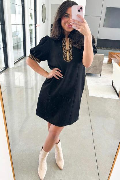 Black Leopard Patchwork Zip Collared Short Puff Sleeve Shift Mini Dress