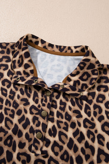Khaki Buttoned Collar Short Sleeve Shift Leopard Dress with Pockets