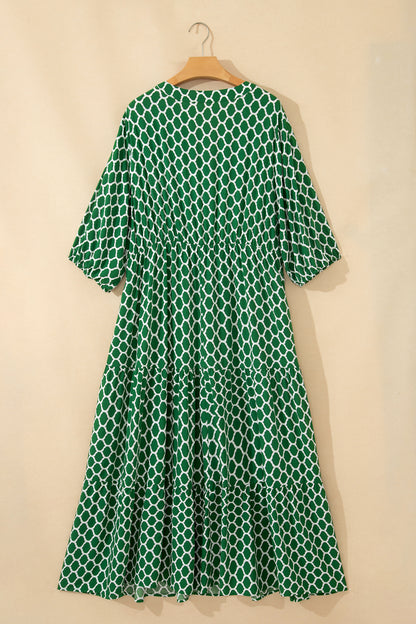 Green Plus Size Geometric Print Pocketed Ruffle Hem Casual Dress