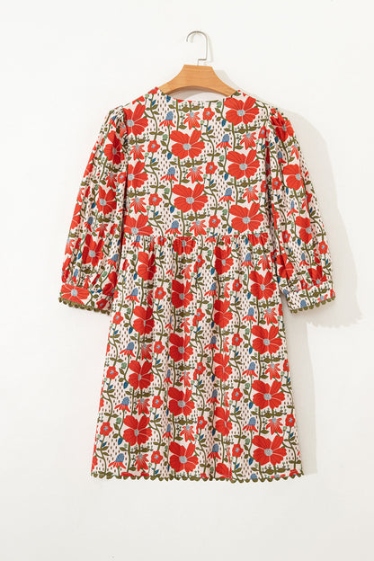 Red Floral Print Ricrac Trim V Neck 3/4 Sleeve Loose Mini Dress