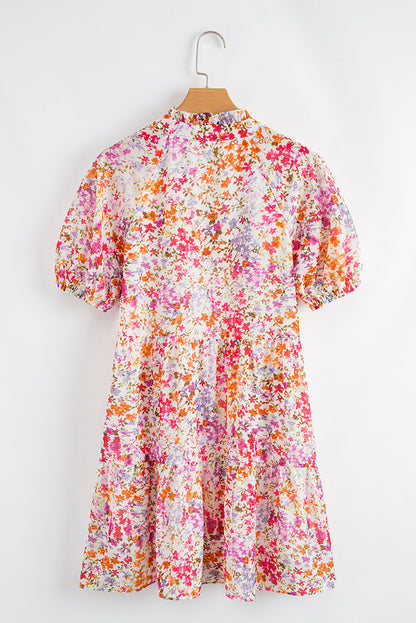 Red Floral Puff Sleeve Notched V Neck Tiered Mini Dress