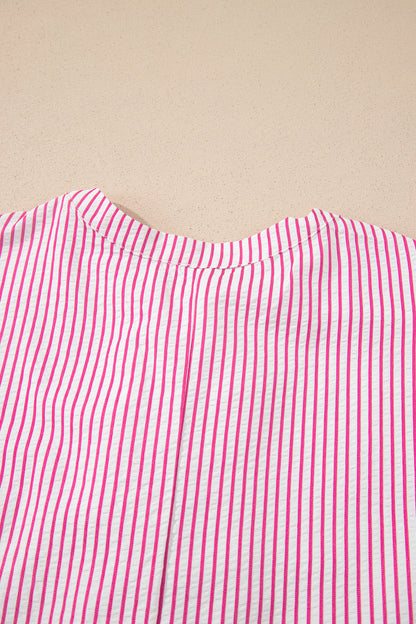 Black Stripe Frilled Detail Half Buttons Short Sleeve Long Dress