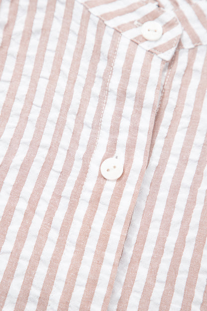 Khaki Stripe Frilled Collar Half Sleeve Shirt Maxi Dress