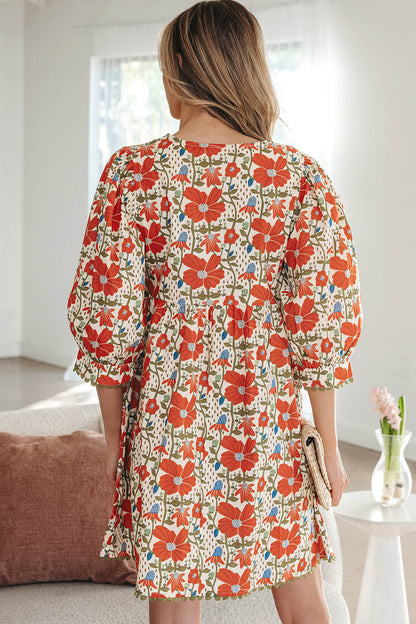 Red Floral Print Ricrac Trim V Neck 3/4 Sleeve Loose Mini Dress
