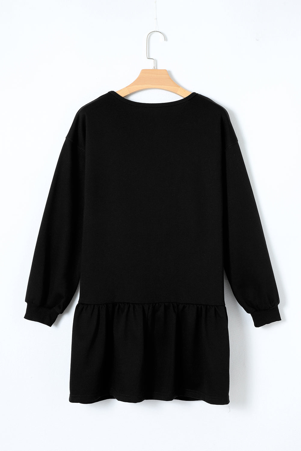 Black Solid Color Puff Sleeve Ruffle Hem