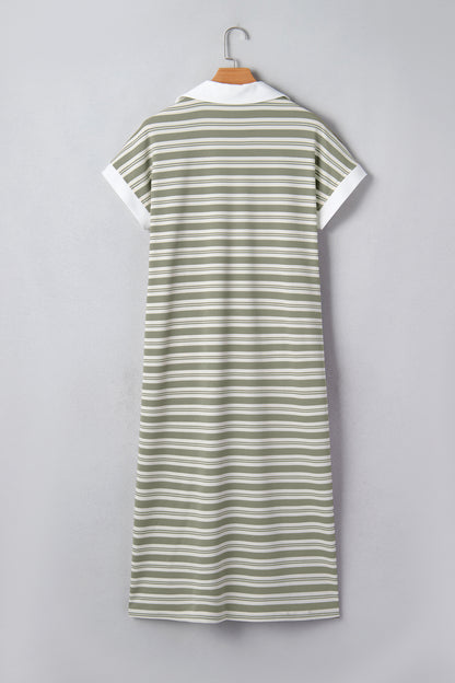 Green Stripe Collared V Neck Short Sleeve T Shirt Midi Dress with Pockets