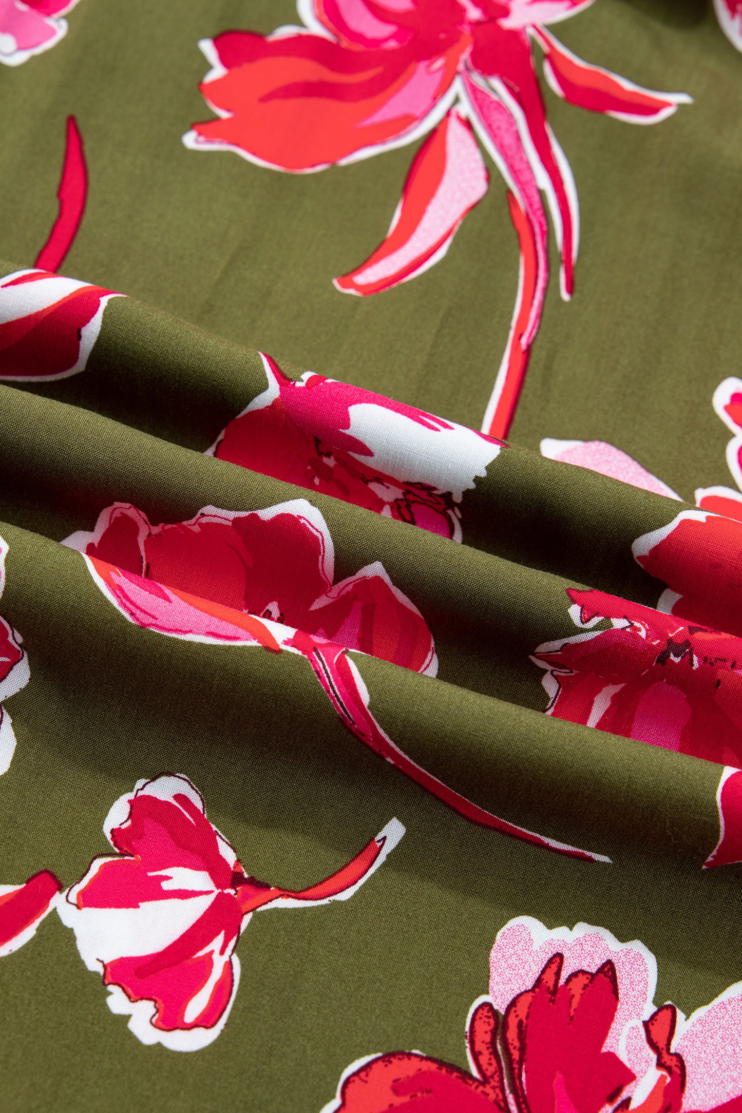 Green Floral Print Striped Trim Split Neck Short Puff Sleeve Ruffle Hem Maxi Dress