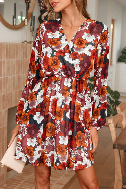 Red Floral Print Wrap V Neck Puff Sleeve Flowy Mini Dress
