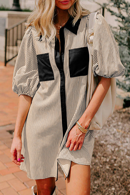 Green Stripe Color Block Patchwork Shirt Collar Button Down Puff Sleeve Mini Dress