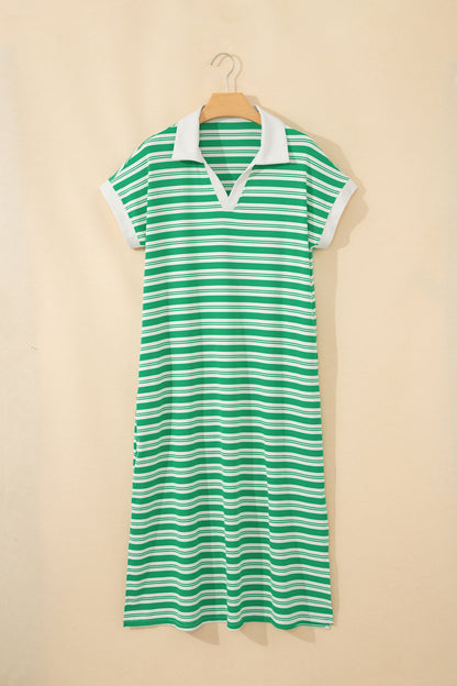 Green Stripe Collared V Neck Short Sleeve T Shirt Midi Dress with Pockets