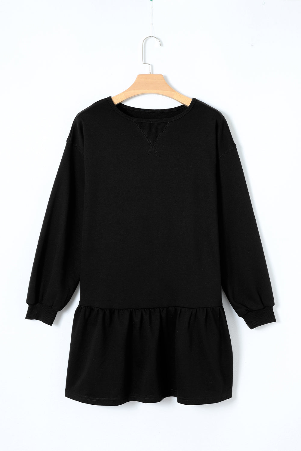 Black Solid Color Puff Sleeve Ruffle Hem