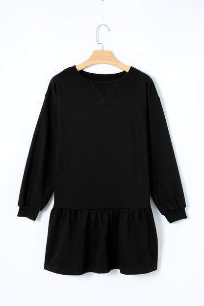 Black Solid Color Puff Sleeve Ruffle Hem