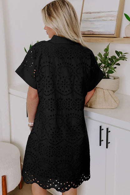 White Solid Color Eyelet Embroidered T Shirt Mini Dress