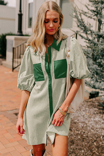 Green Stripe Color Block Patchwork Shirt Collar Button Down Puff Sleeve Mini Dress