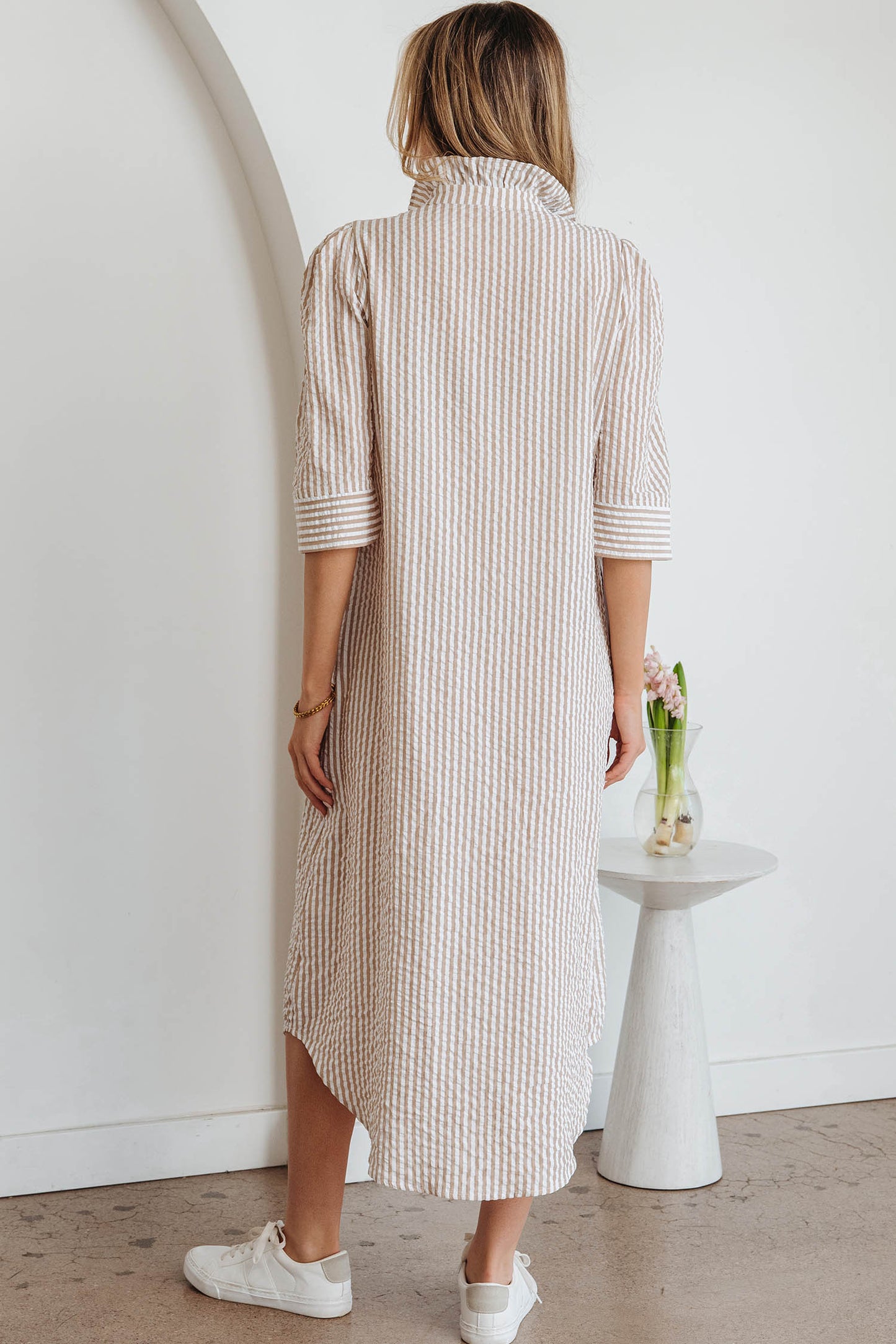 Khaki Stripe Frilled Collar Half Sleeve Shirt Maxi Dress