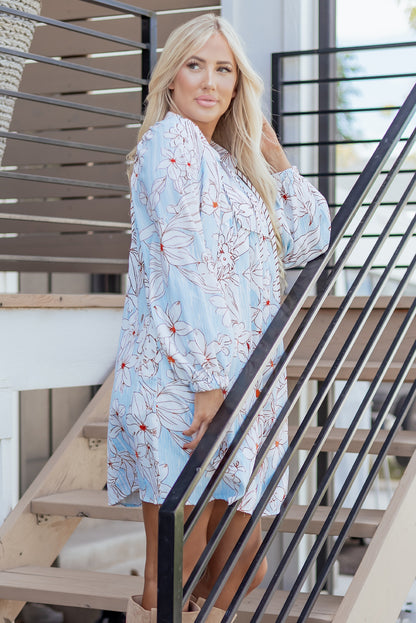 Brown Floral Print Tie Neck 34 Sleeve Mini Dress