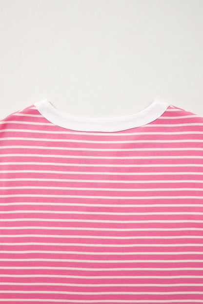 Pink Stripe Color Block Trim Notched Neck Sleeveless Shift Mini Dress