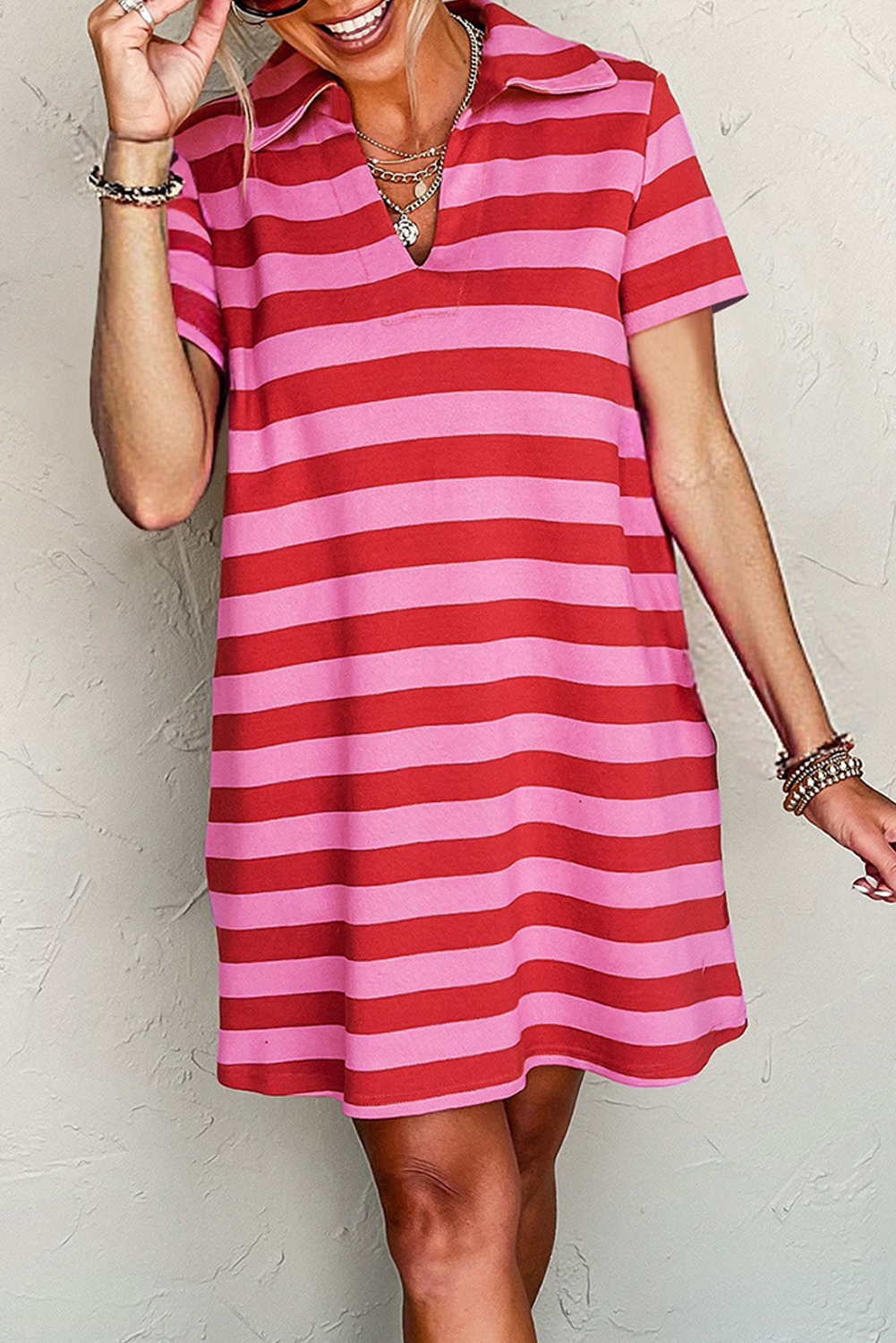 Red Stripe Textured Knit Collared V Neck Shift T Shirt Dress
