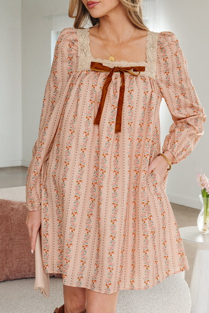Khaki Floral Print Contrast Velvet Bow Lace Patchwork Long Sleeve Loose Mini Dress