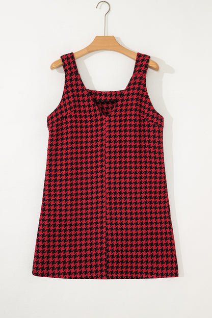 Red Houndstooth Print V Neck Sleeveless Mini Dress