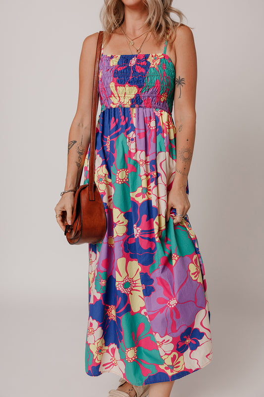 Purple Floral Print Shirred Spaghetti Strap Loose Maxi Dress