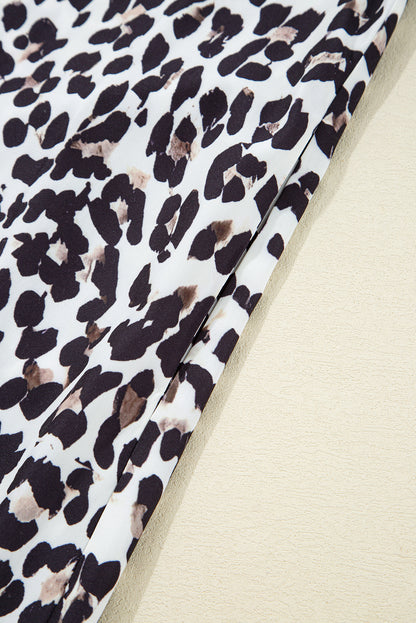 Multicolour Button Striped Collar Leopard Print Long Sleeve Flared Dress