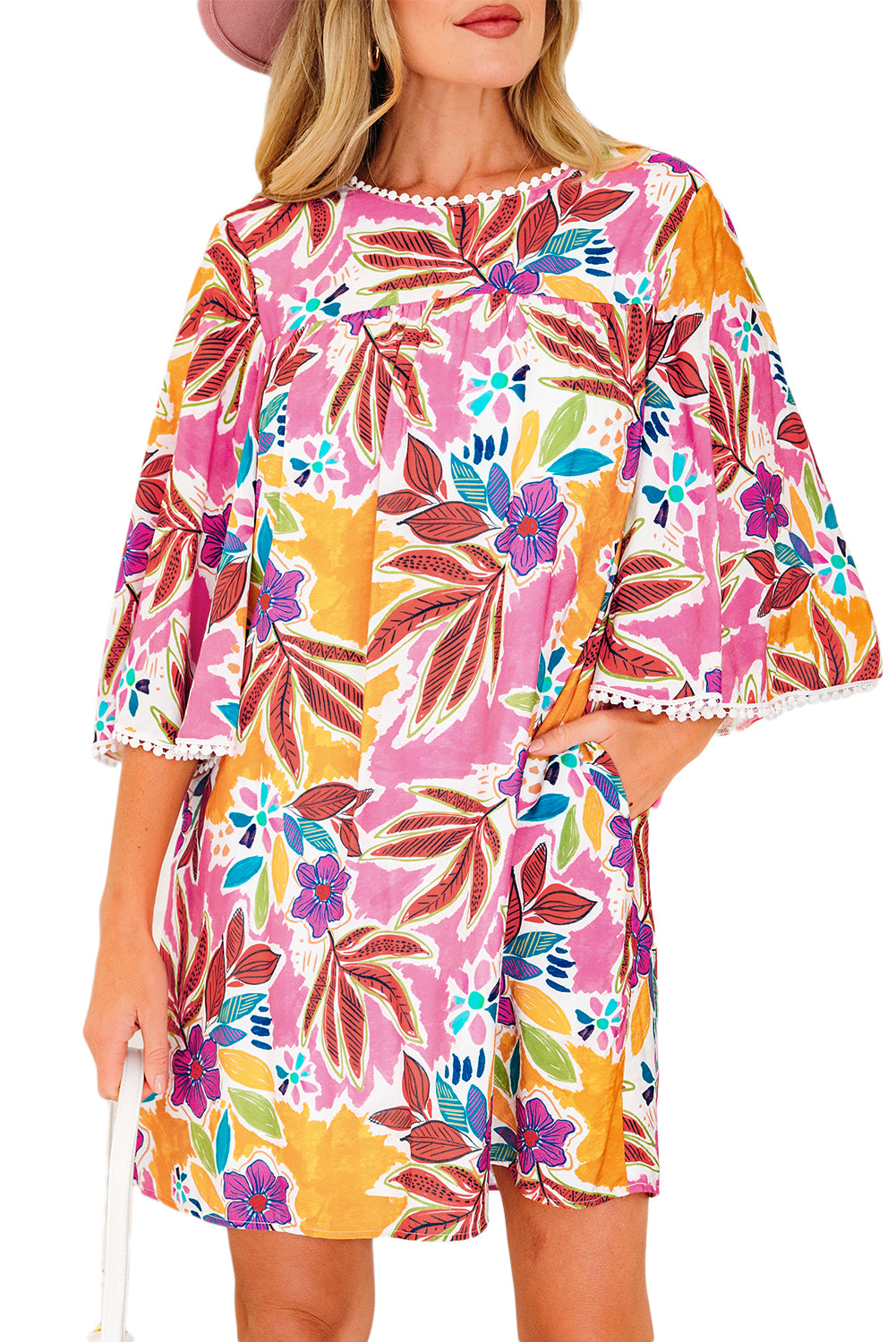 Pink Floral Print Lace Trimmed Tie Back Bell Sleeve Swing Mini Dress