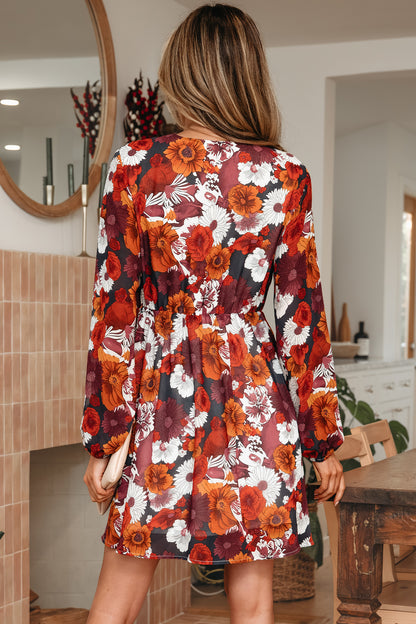 Red Floral Print Wrap V Neck Puff Sleeve Flowy Mini Dress