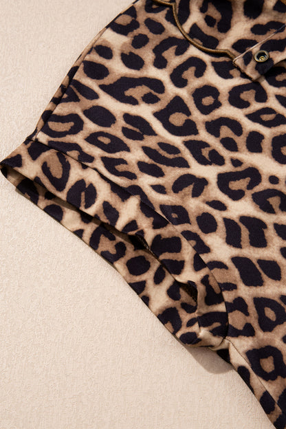 Khaki Buttoned Collar Short Sleeve Shift Leopard Dress with Pockets