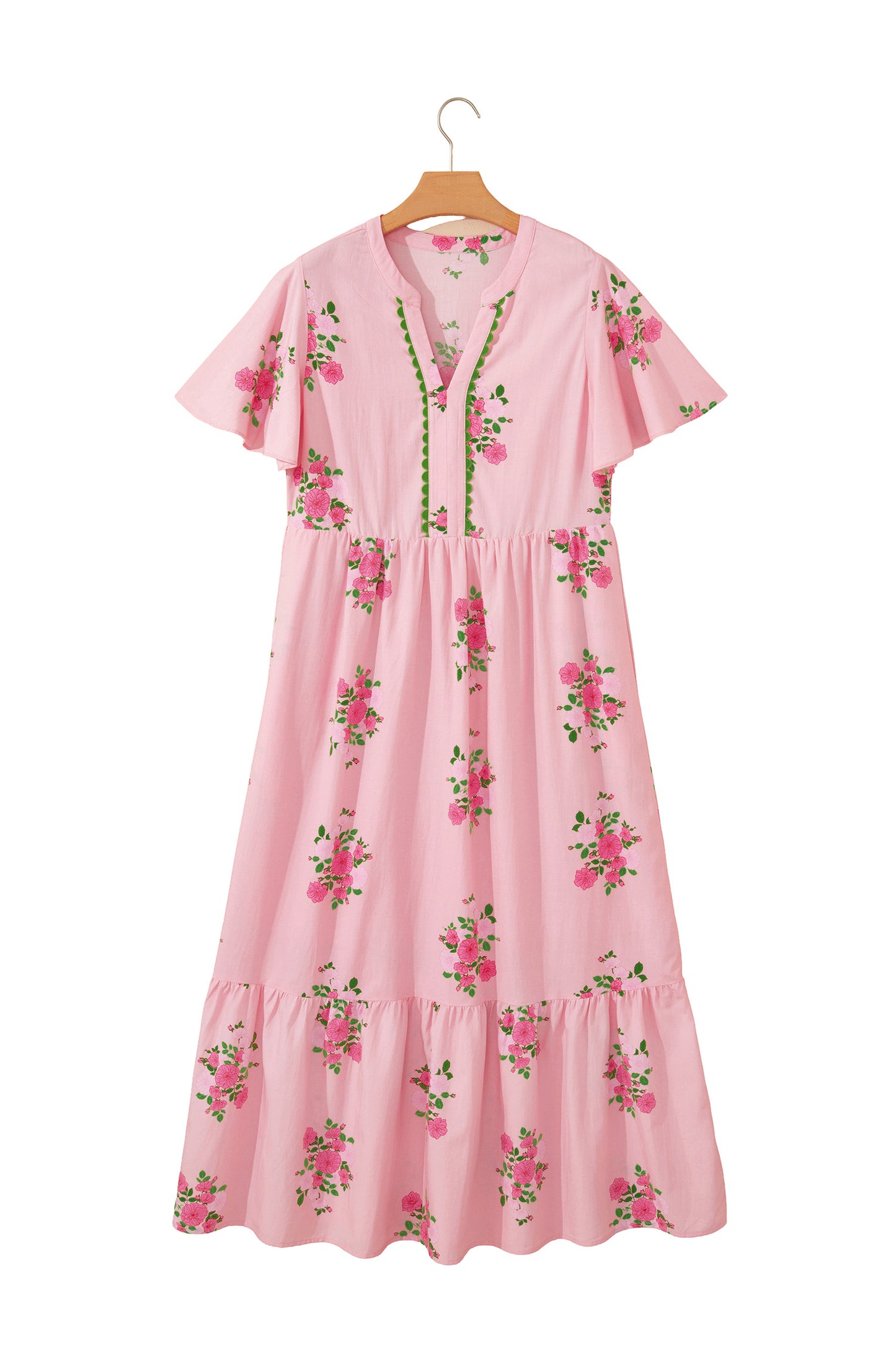 Sky Blue Notched Neck Flutter Short Sleeve Floral Print Maxi Dress