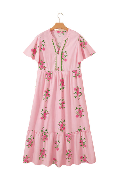 Sky Blue Notched Neck Flutter Short Sleeve Floral Print Maxi Dress