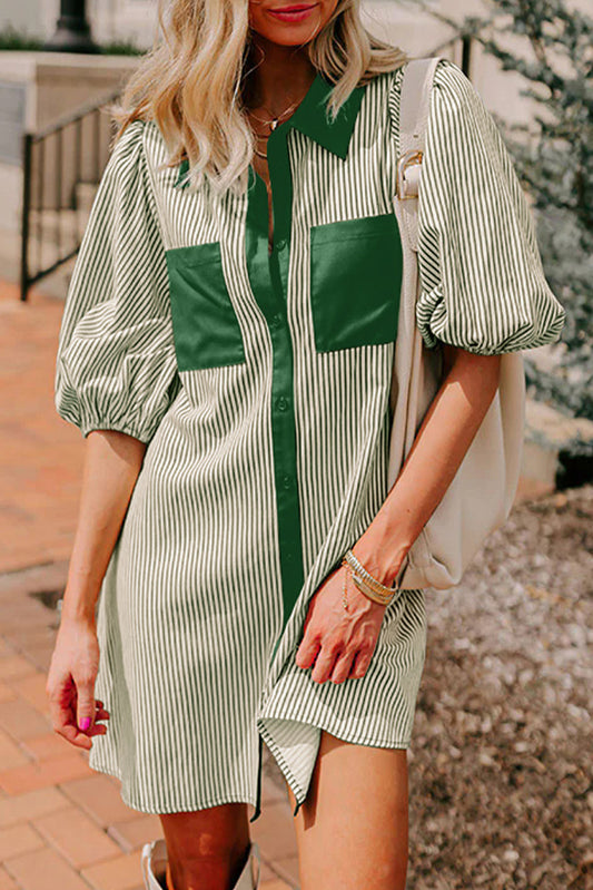 Green Stripe Color Block Patchwork Shirt Collar Button Down Puff Sleeve Mini Dress