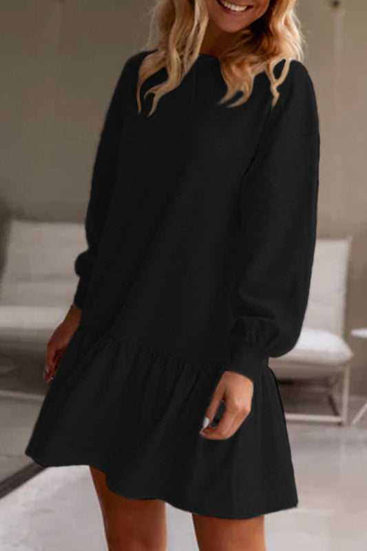 Black Solid Color Puff Sleeve Ruffle Hem