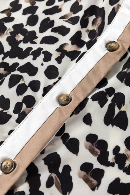 Multicolour Button Striped Collar Leopard Print Long Sleeve Flared Dress