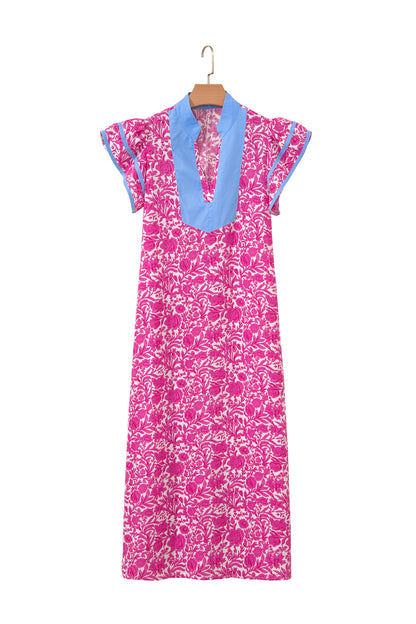 Green Floral Print Color Block Patchwork V Neck Short Sleeve Midi Dress